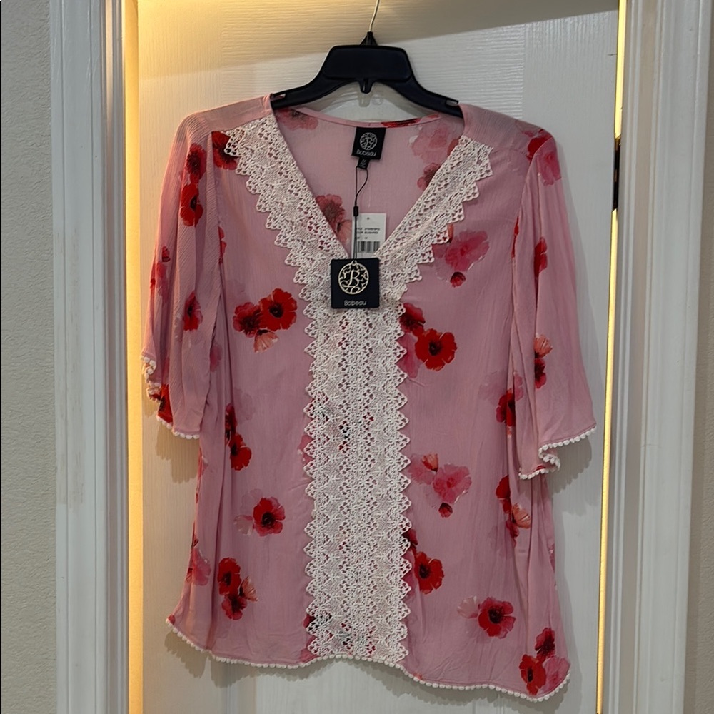 Bobeau Pink Red Embellished 3/4 Sleeve Blouse